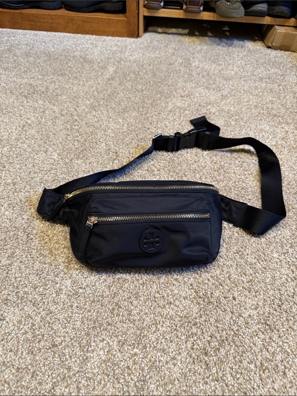 Tory Burch Black Nylon Waist Bag with Gold Zippers